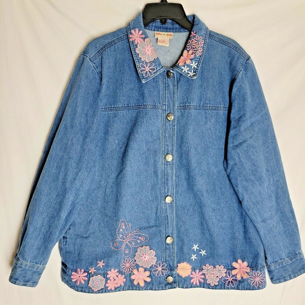 Toffee Apple Women's Denim Jacket Floral Butterfly Embroidered Size Large